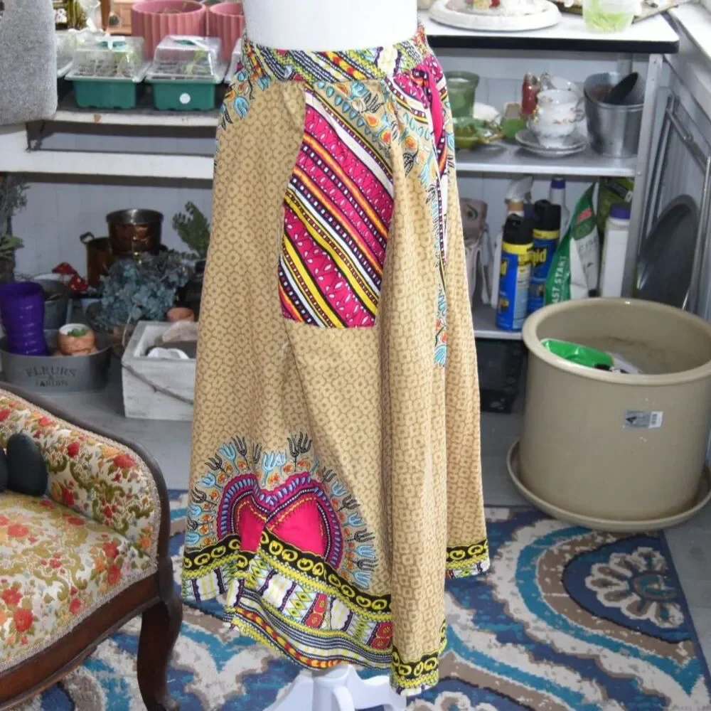 Y2K Uniti Casuals Boho Festival Midi Skirt Patchwork Print One Size
